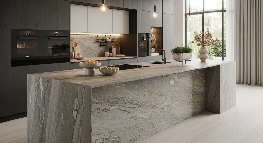 Kitchen with textured stone countertop adding natural depth and style