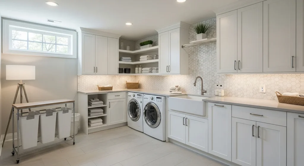 Modern basement laundry room with stylish cabinetry and organized storage