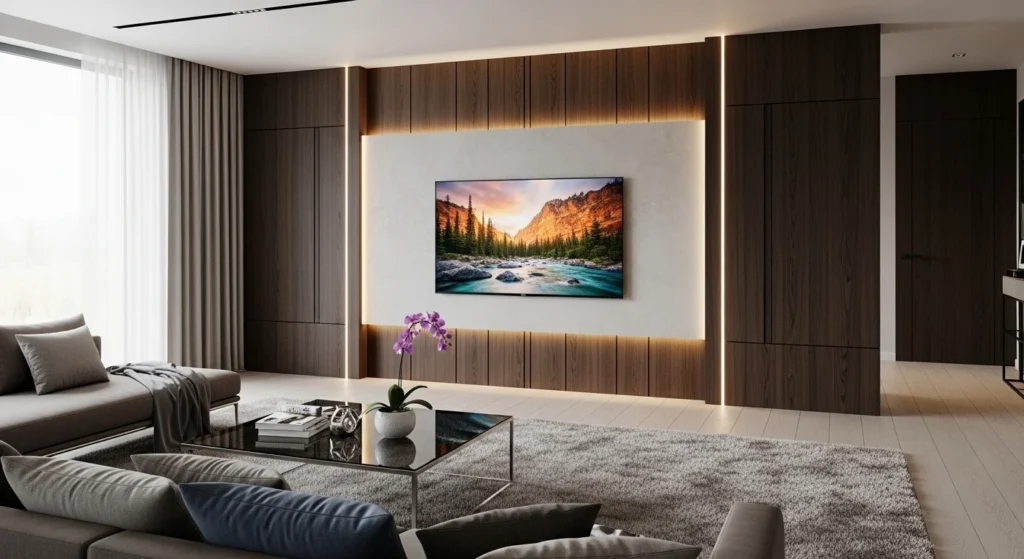 tv wall with vertical panel design creating height illusion