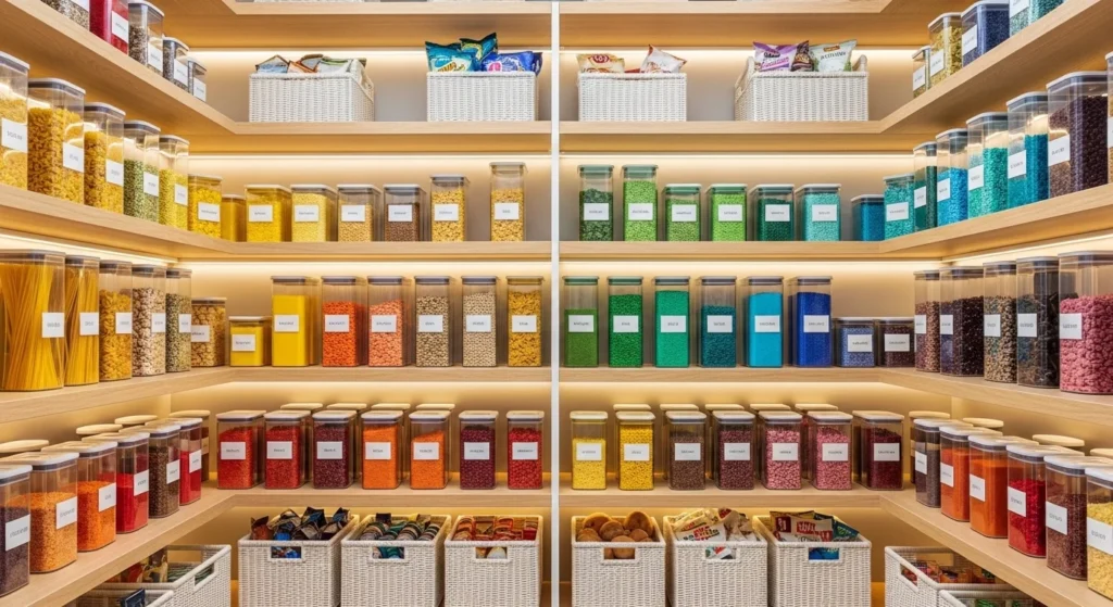 Pantry shelves arranged with color-coded containers for easy food sorting