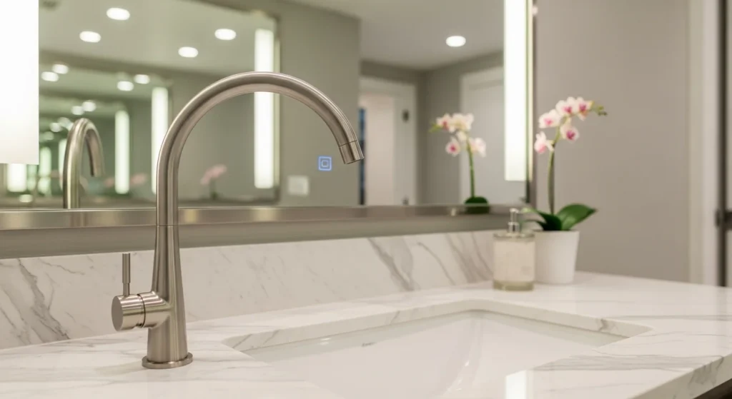 Stylish high arc curved faucet creating elegant vanity appearance