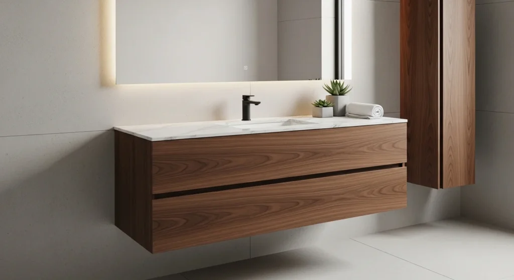 Modern floating vanity cabinet with multiple storage drawers and sleek design