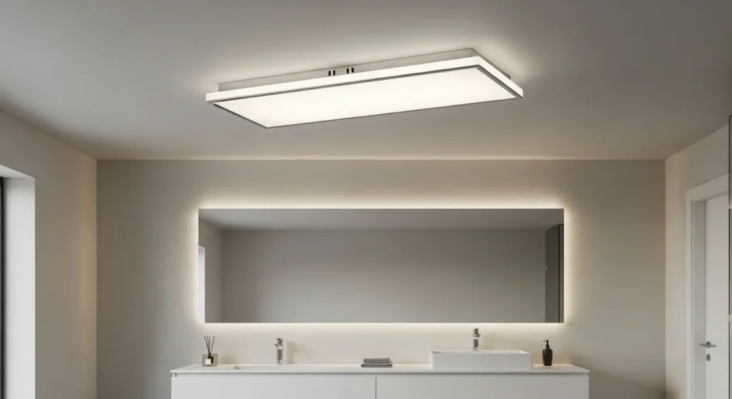Bathroom with flush mount ceiling light providing even illumination