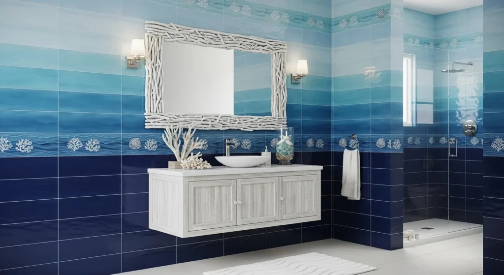 Luxury bathroom with metallic tiles adding shine and modern elegance