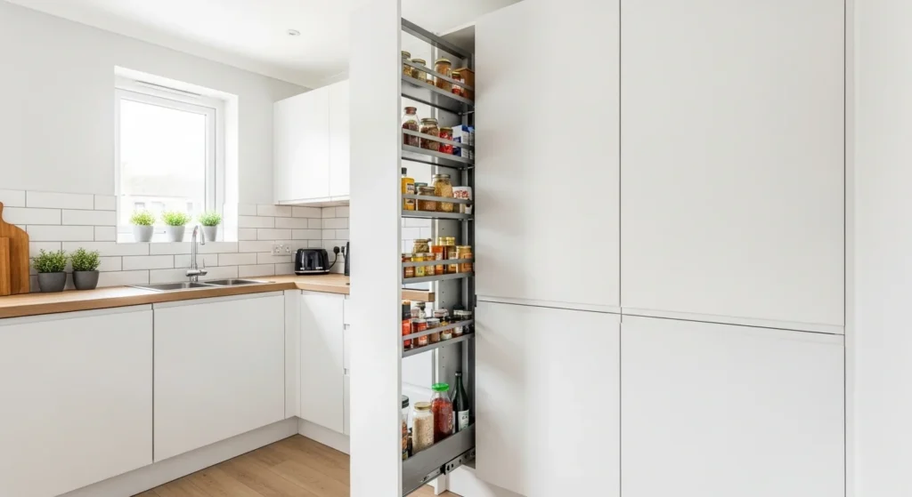 Small kitchen featuring hidden pull-out pantry for efficient storage
