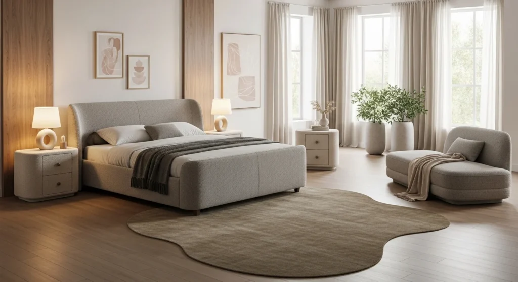 Bedroom set featuring curved furniture shapes for a soft and modern look