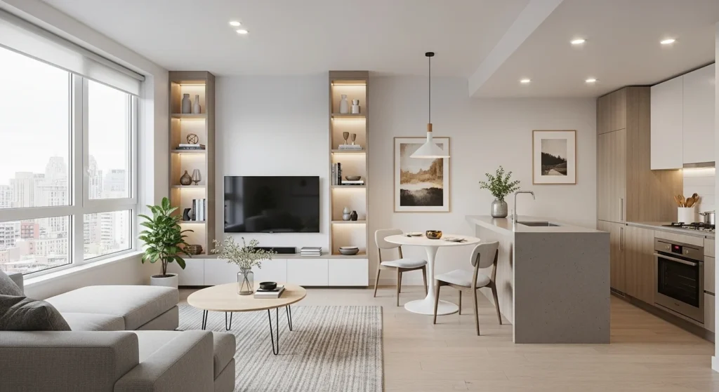 Open concept small apartment living room connecting kitchen and seating area