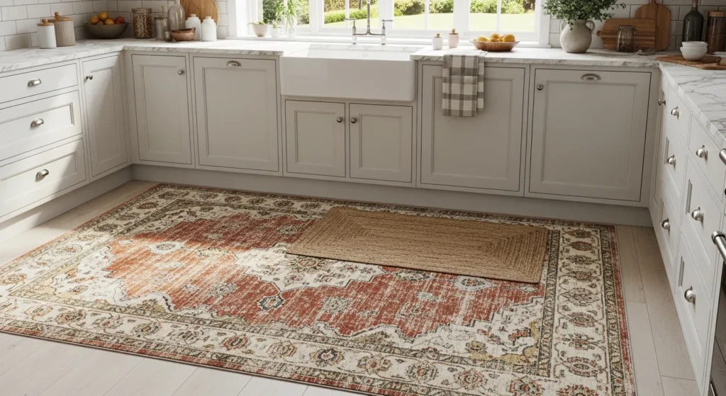 Layered rugs on kitchen floor creating cozy farmhouse style look