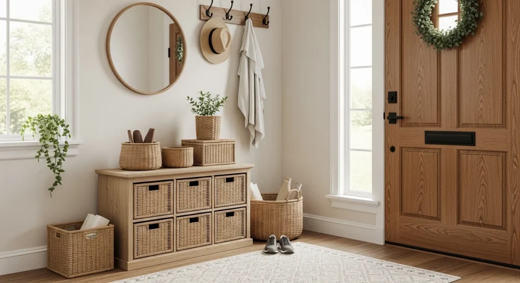 Entryway decorated with woven storage baskets for organization