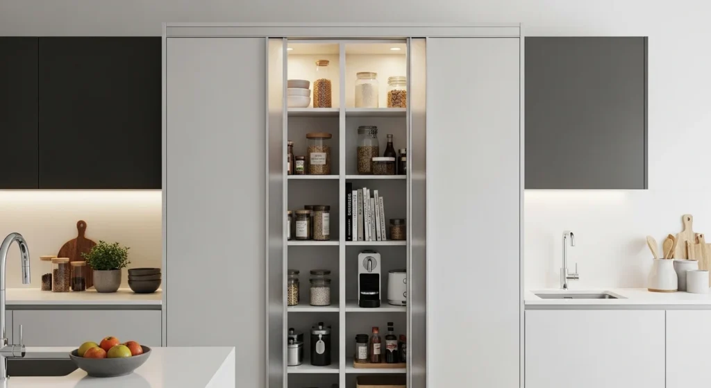 Space-saving pantry with sliding doors in a small kitchen