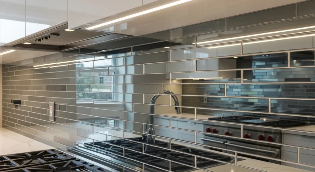 Reflective glass tiles brightening a modern kitchen backsplash