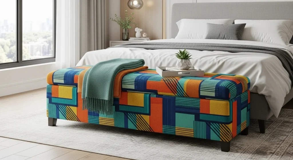 Decorative patterned fabric bench adding color and texture to bedroom