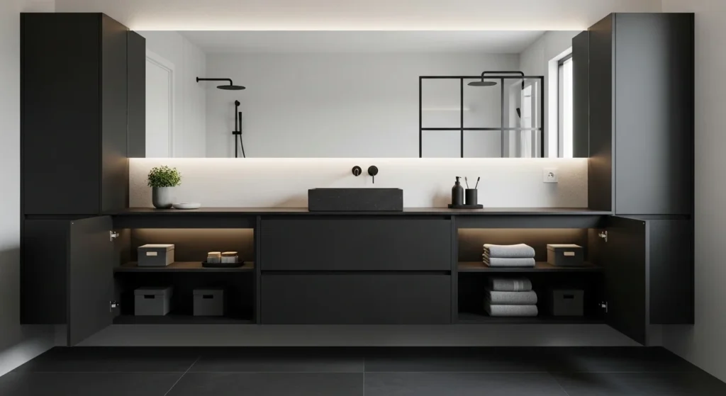 Contemporary matte black bathroom cabinet creating bold modern bathroom design