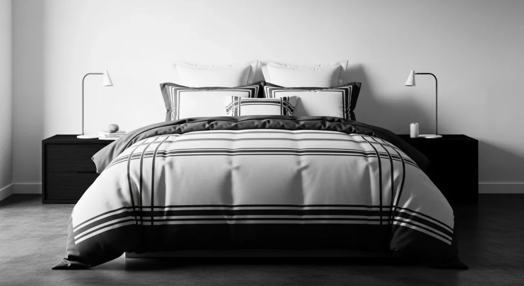 Black and white monochrome queen comforter bedding in modern bedroom interior