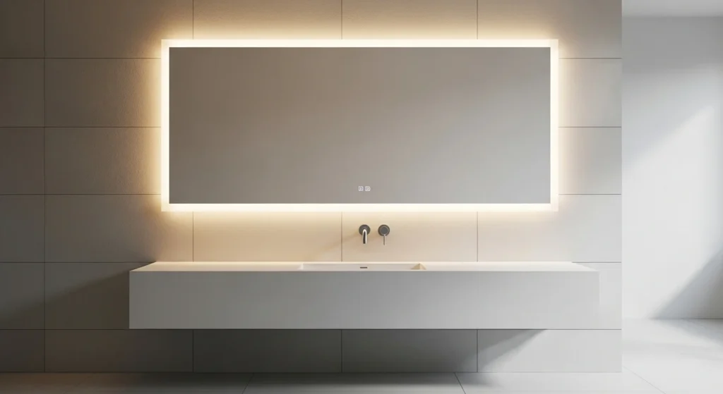 Modern bathroom with backlit mirror panels creating glowing effect