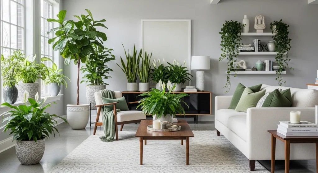 Fresh living room with indoor plants and natural decor elements