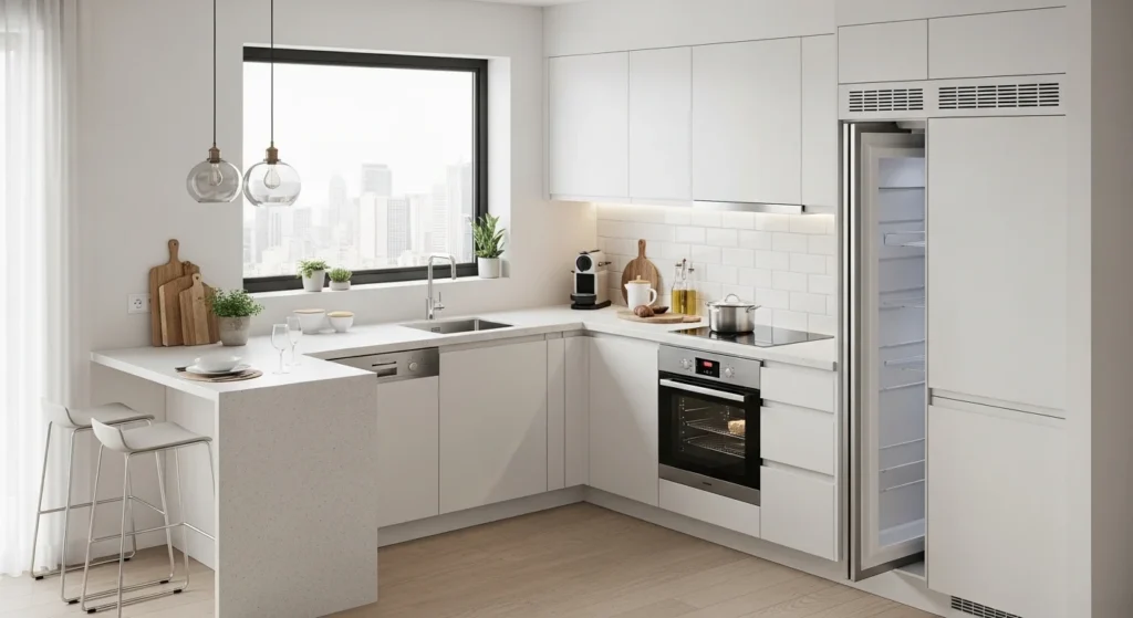 Small U-shaped kitchen design maximizing space with efficient layout