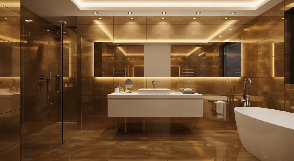 Luxury bathroom with metallic tiles adding shine and modern elegance