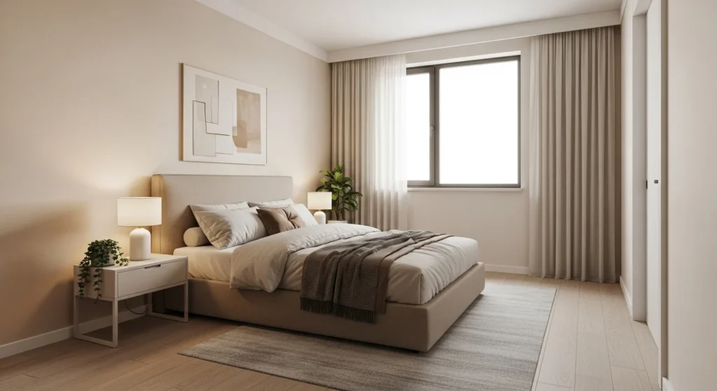 Bedroom set in neutral tones like beige and soft colors for a calming space