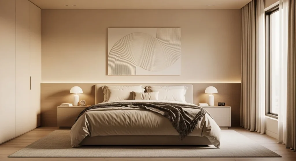 King bedroom set in neutral colors like beige and soft tones for a calm interior