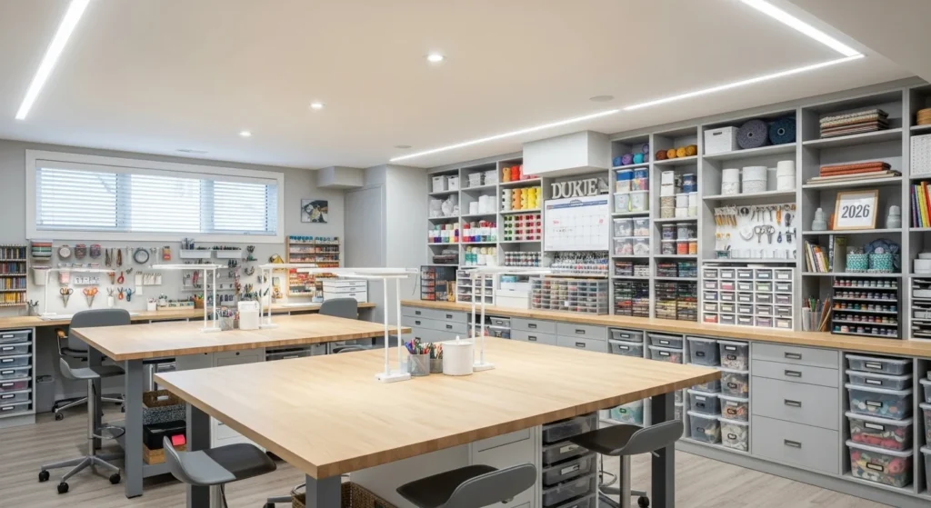 Creative basement craft room with organized storage and large work tables