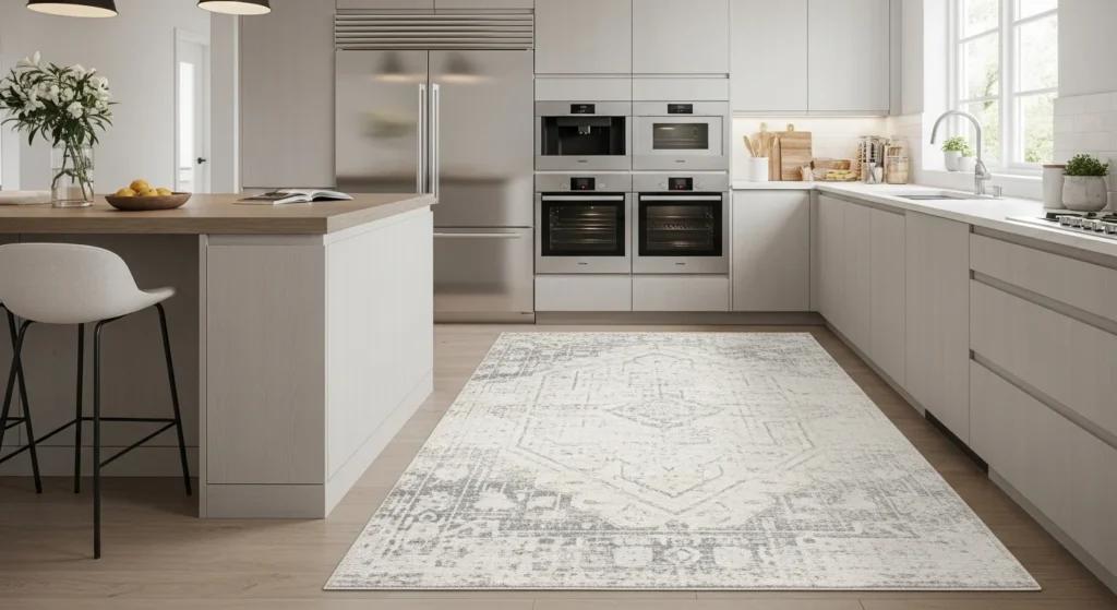 Subtle patterned neutral rug adding texture to modern kitchen
