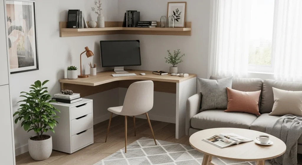Small living room corner workspace with compact desk and chair for productivity