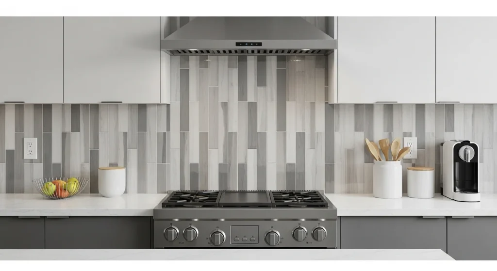 Modern kitchen wall with vertically stacked tiles creating a sleek design