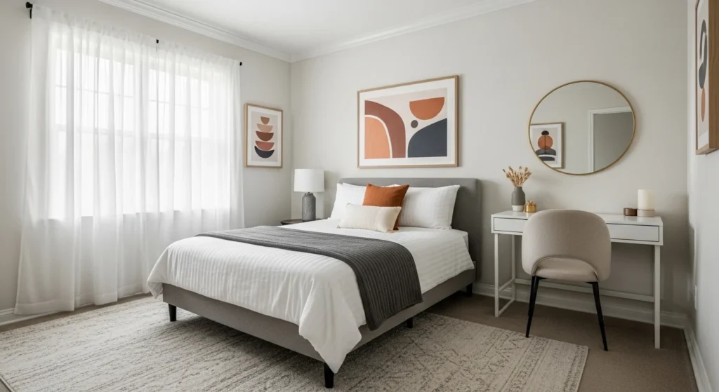 Small bedroom featuring layered textured bedding creating a cozy focal point
