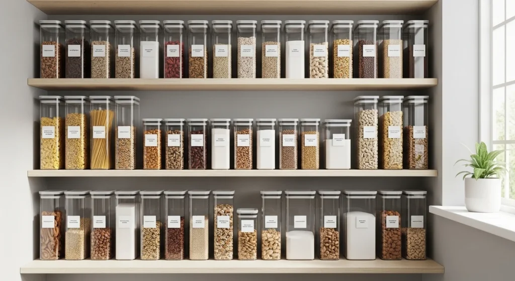 Pantry with transparent jars for easy identification of stored ingredients