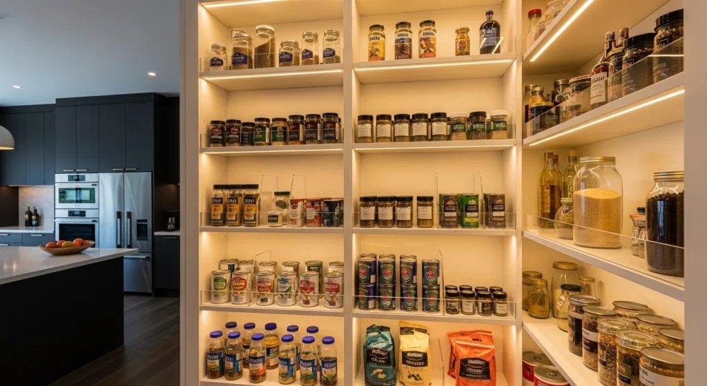 Small pantry shelves illuminated with LED lighting for better visibility