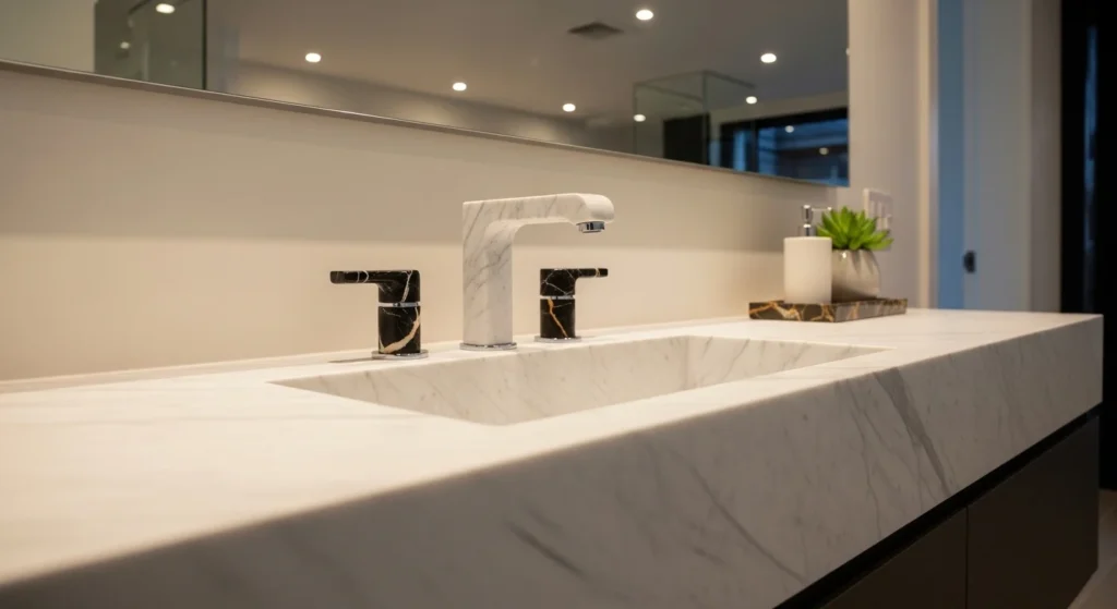 Luxury bathroom faucet featuring marble handle detail