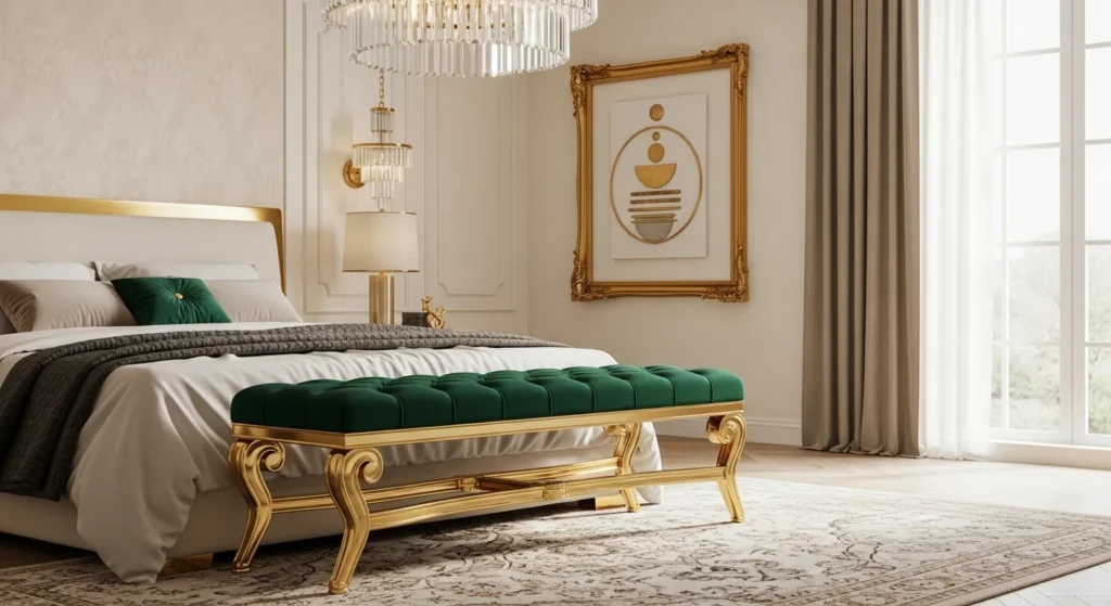 Glamorous bedroom bench with gold metal frame and upholstered seat