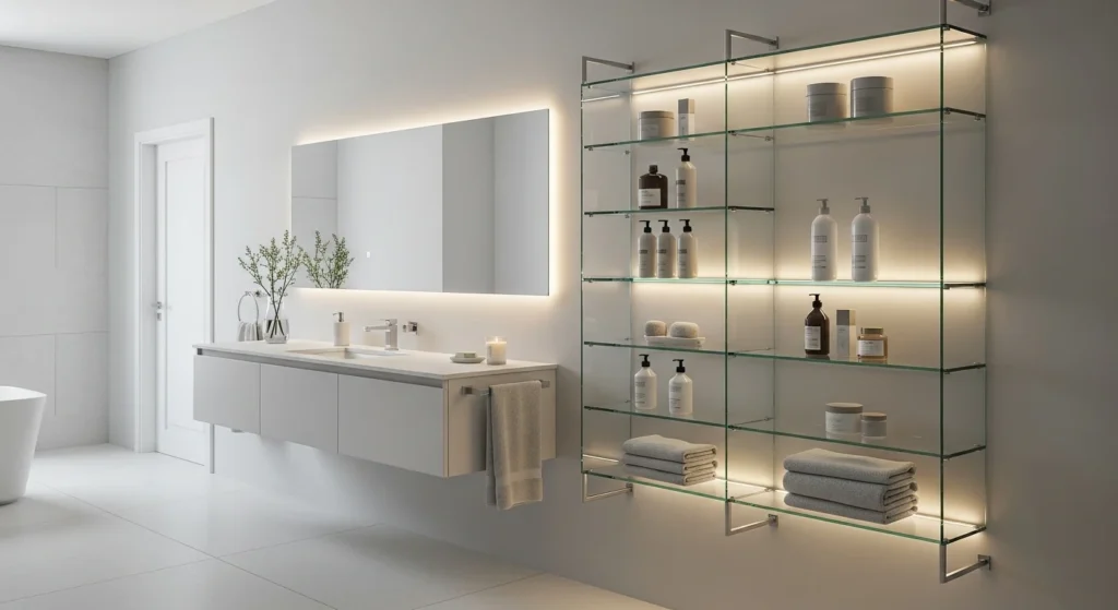 Elegant bathroom vanity with transparent glass shelves for stylish storage