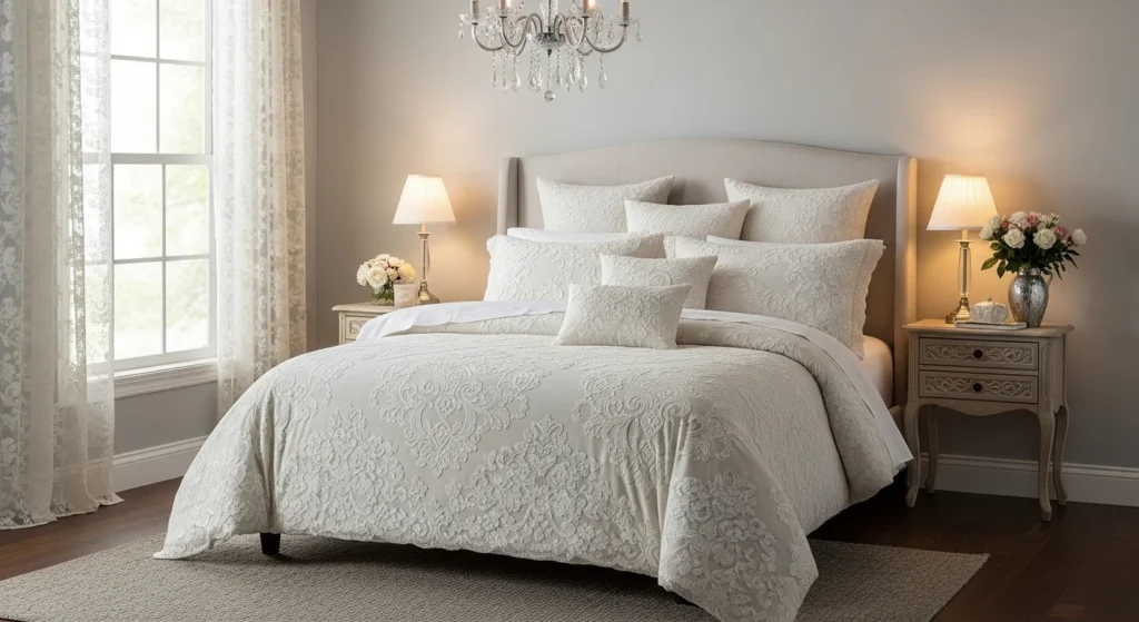 Elegant lace queen comforter bedding creating a soft romantic bedroom look