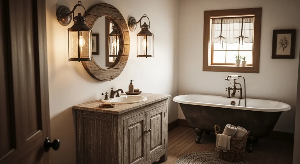 Cozy bathroom with rustic lantern style light fixtures and warm glow