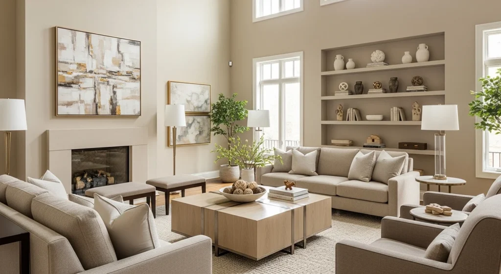 Warm beige living room with elegant neutral tones and modern styling