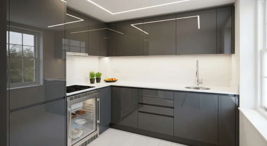 Compact kitchen with glossy surfaces enhancing light and space perception