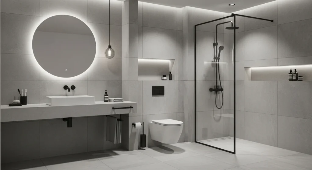 Minimal bathroom with concrete look tiles creating industrial modern feel