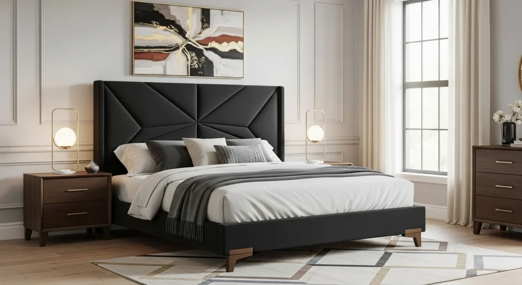 Modern bedroom set with bold statement headboard as the focal point