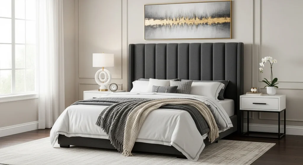King bedroom set with bold headboard acting as the focal point in modern design