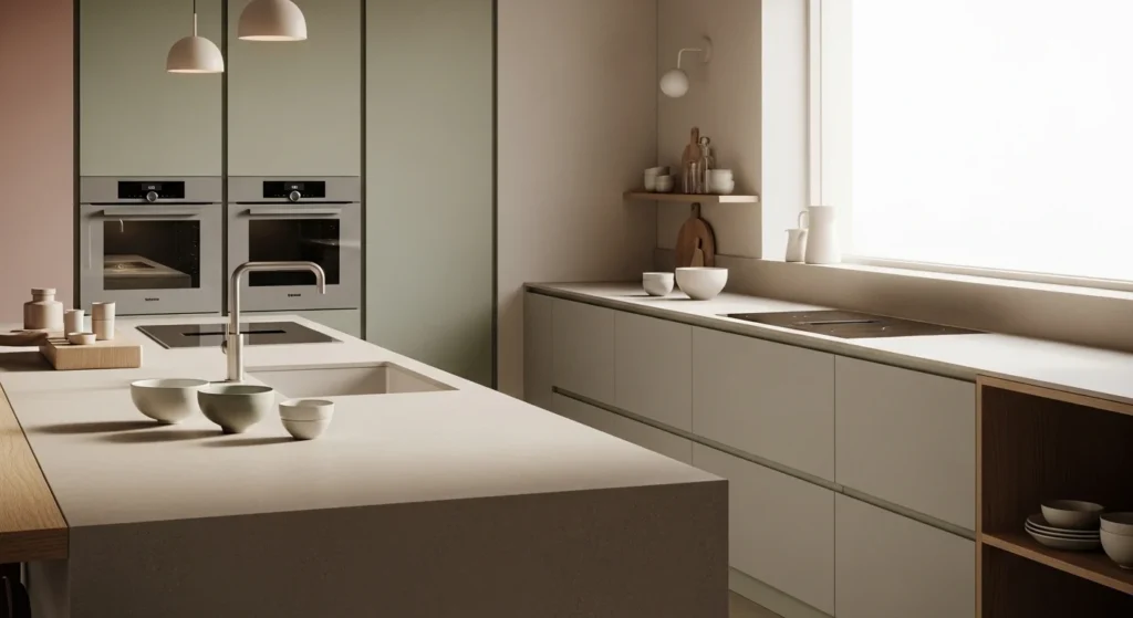 Kitchen with neutral color countertop creating calm and balanced interior
