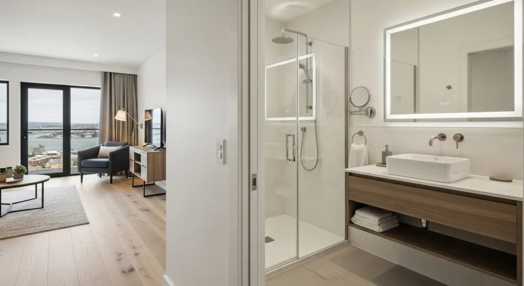 Full basement guest suite with attached bathroom, neutral tones, and modern design