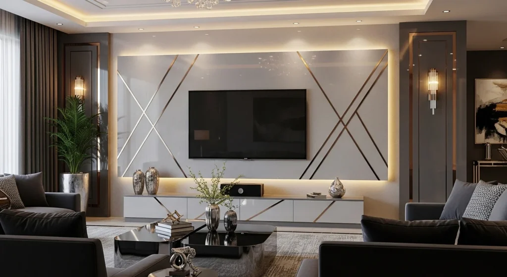 tv wall with gold metallic accents and luxury modern style