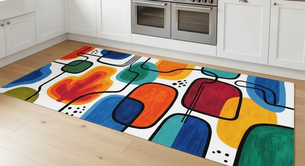 Artistic abstract rug with colorful design placed in contemporary kitchen