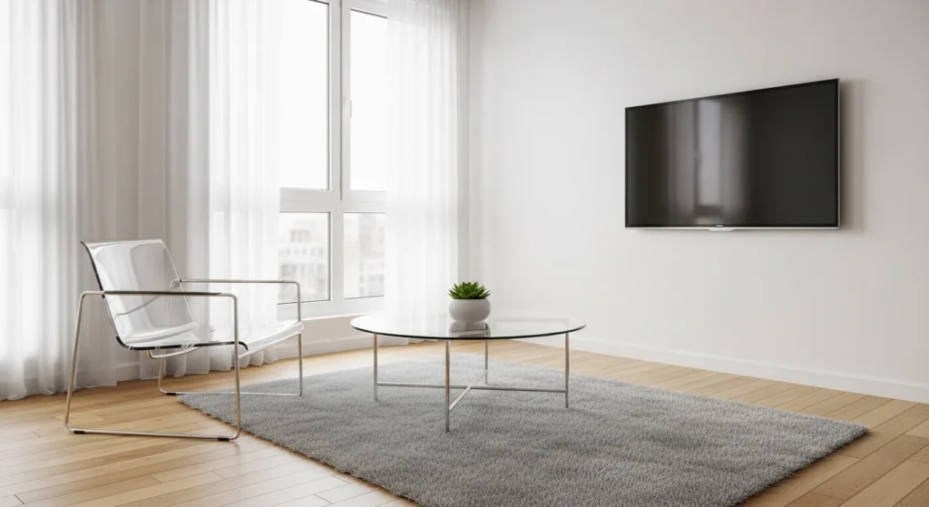 Small apartment living room with acrylic chairs and glass tables for open feel