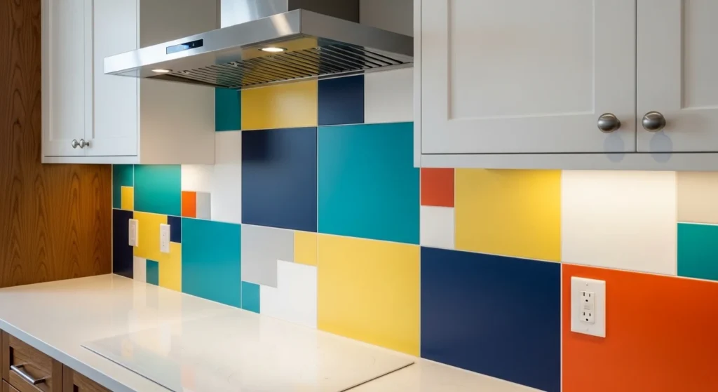 Artistic kitchen backsplash featuring bold color block tile patterns