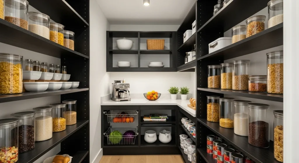 Small walk-in pantry with shelves along walls maximizing storage capacity