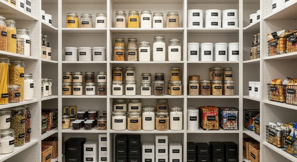 Organized pantry with labeled jars and containers for easy identification