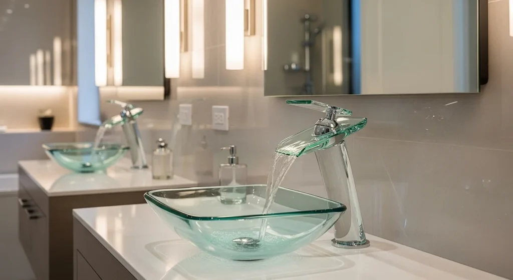 Unique glass faucet with modern transparent waterfall design